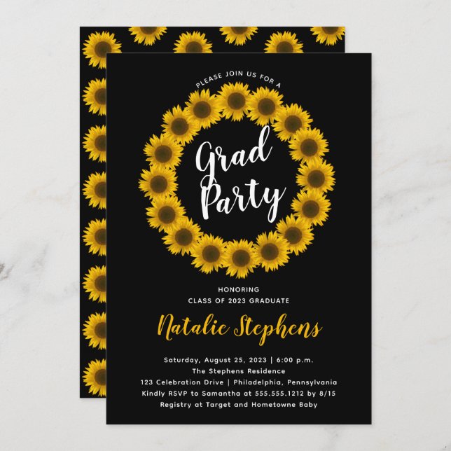 Invitación Corona floral de girasoles Fiesta de graduación (Anverso / Reverso)