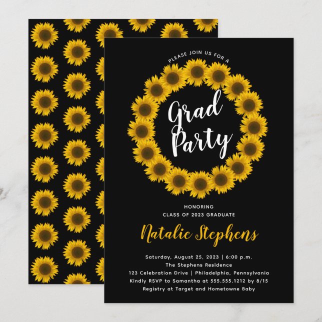 Invitación Corona floral de girasoles para fiesta de graduaci (Anverso / Reverso)