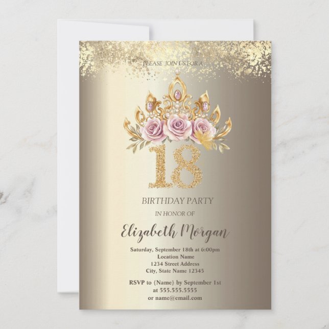 Invitación Corona floral de lujo confeti dorado Cumpleaños 18 (Anverso)