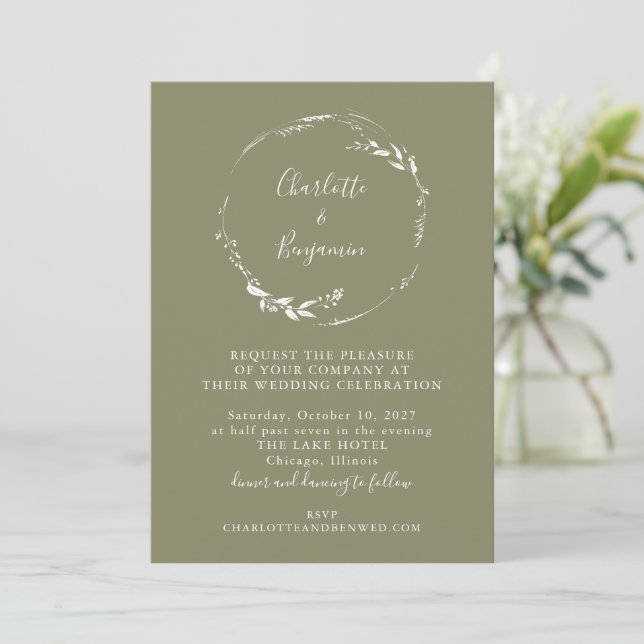 Invitación Corona floral de olivo polvoriento minimalista bod (Anverso de pie)