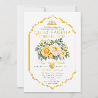 Invitación Corona Floral de Oro Amarillo QuinceañeraPrincesa