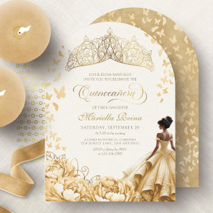 Invitación Corona Floral de Oro Amarillo Real Quinceañera