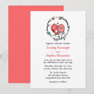 Invitación Corona floral de pájaros rosados cartoon pájaros d