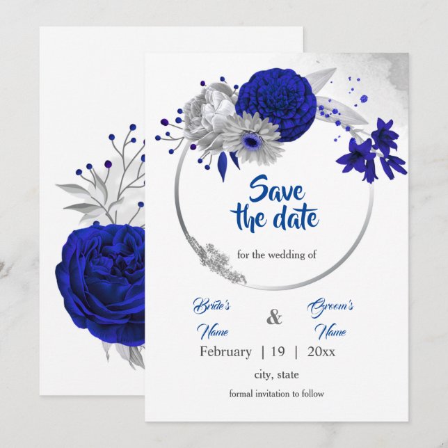 Invitación corona floral de plata azul real salva la fecha (Anverso / Reverso)