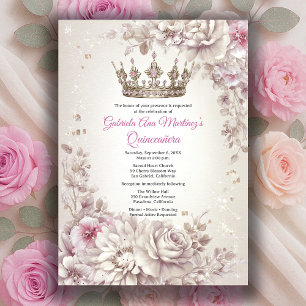 Invitación Corona Floral de Plata Rosa Quinceañera