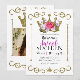 Invitación Corona Floral de Purpurina Dorada Fiesta Dulces 16