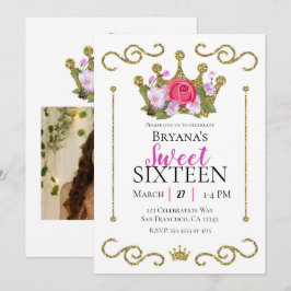 Invitación Corona Floral de Purpurina Dorada Fiesta Dulces 16