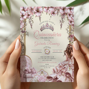 Invitación Corona floral de quinceañera rosa crema y rubor