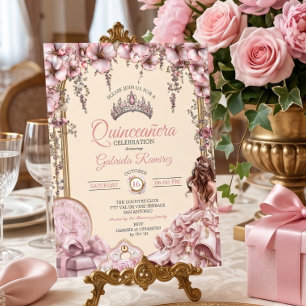 Invitación Corona floral de quinceañera rosa crema y rubor