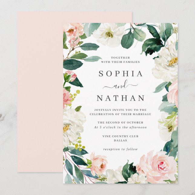 Invitación Corona floral de rubor Boda   (Anverso / Reverso)