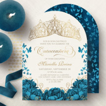 Corona floral dorada azul turquesa Quinceañera
