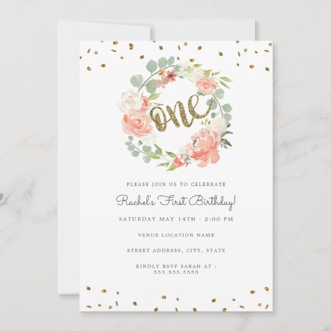 Invitación Corona Floral Dorada Cumpleaños Uno (Anverso)