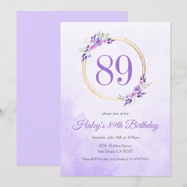 Invitación Corona Floral Dorada Morada Pastel Cumpleaños 89 (Anverso / Reverso)