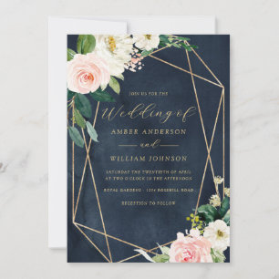 Invitación Corona floral geo de color rosa y azul marino para