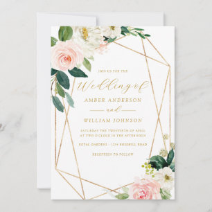 Invitación Corona floral geo rosa sonrojado boda