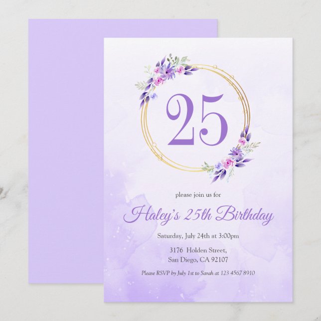 Invitación Corona Floral Morado Pastel Dorado Cumpleaños 25 (Anverso / Reverso)