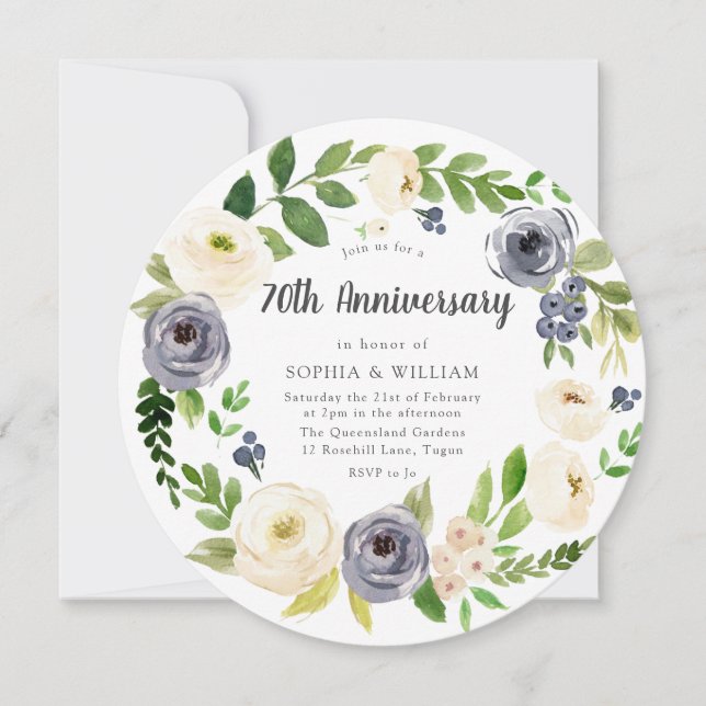 Invitación Corona floral navy blanca 70 aniversario de boda (Anverso)