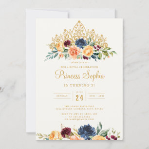 Invitación Corona Floral Princesa Navy Borgoña Cumpleaños