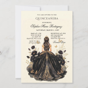Invitación Corona Floral Princesa Oro Negro Quinceañera