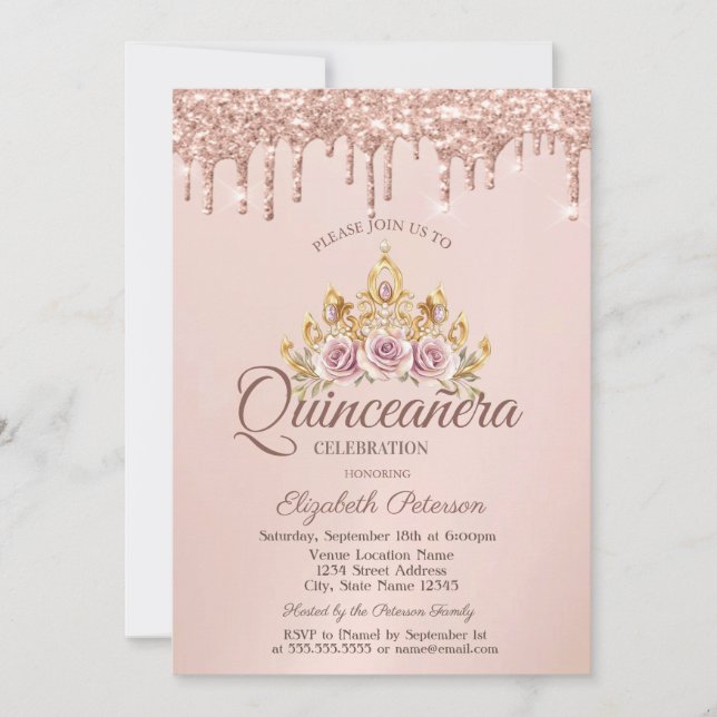 Invitación Corona floral princesa rosa oro gotas Quinceañera (Anverso)