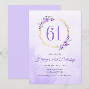 Invitación Corona floral púrpura pastel dorada Cumpleaños 61
