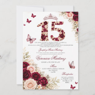 Invitación Corona Floral Roja Burgundy Española Dulces 15 Año