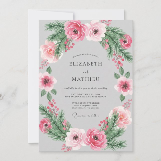 Invitación Corona floral rosa boda de primavera (Anverso)
