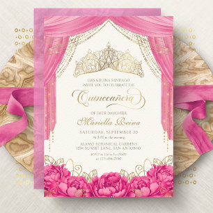 Invitación Corona Floral Rosa Caliente Quinceañera Femenina