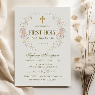 Invitación Corona floral rosa Cruz niña primera comunión