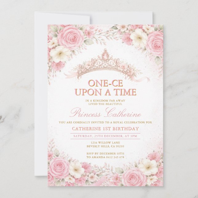 Invitación Corona Floral Rosa Cumpleaños Princesa (Anverso)