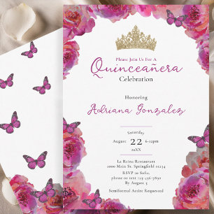 Invitación Corona Floral Rosa Elegante Quinceañera