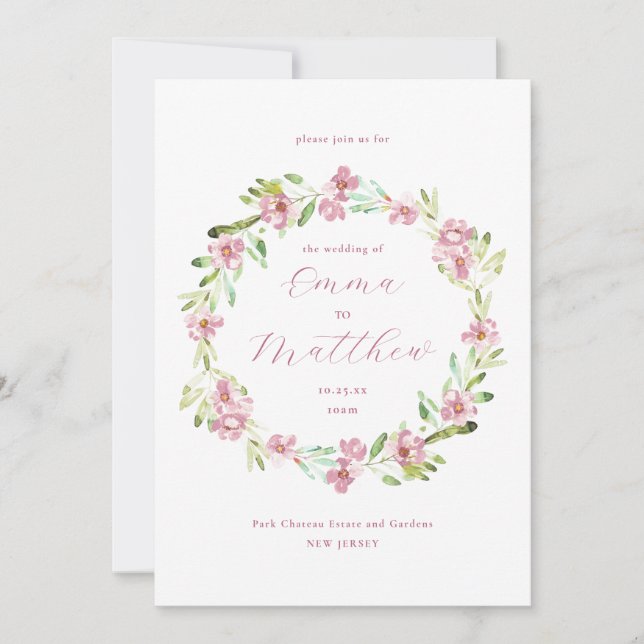 Invitación Corona Floral Rosa Rubor Boda (Anverso)