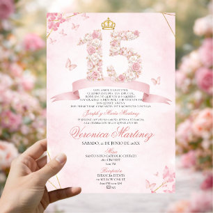 Invitación Corona floral rosa rubor español Mariposa 15 años