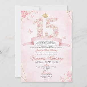 Invitación Corona floral rosa rubor español Mariposa 15 años