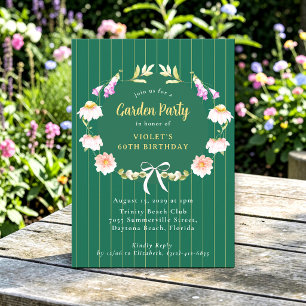 Invitación Corona Floral Verde Rayada Jardín Fiesta 60º