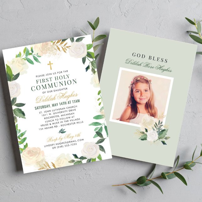 Invitación Corona floral verde salvia para niña de Primera Co (Subido por el creador)