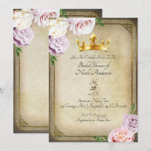 Invitación Corona floral vintage real dorada para ducha de no