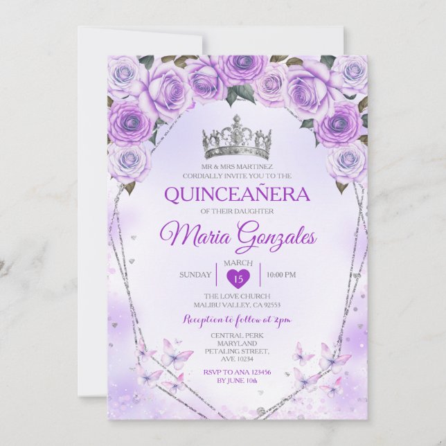 Invitación Corona Lavender Quinceañera 15 mariposa Anos (Anverso)