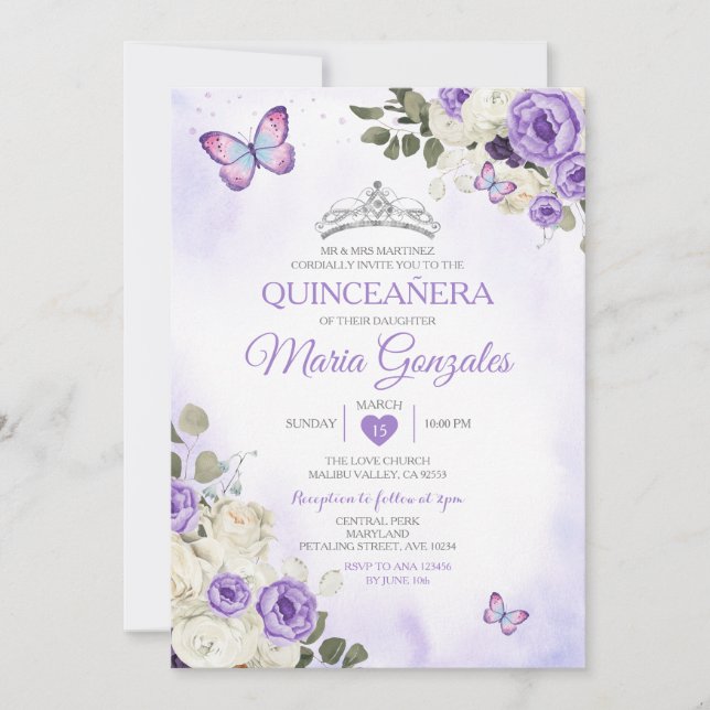 Invitación Corona Lavender Quinceañera 15 mariposa Anos (Anverso)