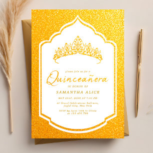 Invitación Corona Lujosa Blanca y Dorada Quinceañera