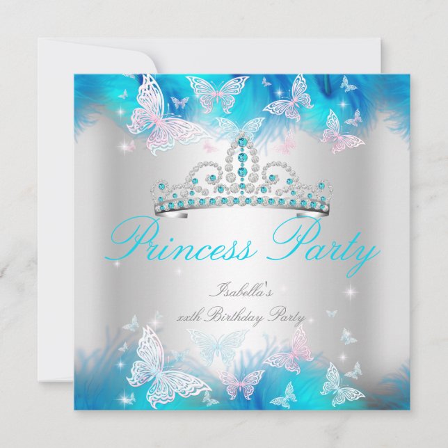 Invitación Corona Mariposa Azul Teal Rosa Fiesta de Princesa (Anverso)