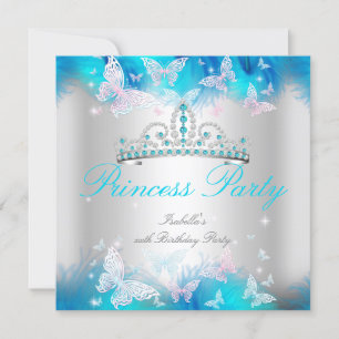 Invitación Corona Mariposa Azul Teal Rosa Fiesta de Princesa