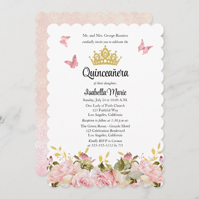 Invitación Corona | Mariposas Floral rosa rosa Quinceañera (Anverso / Reverso)