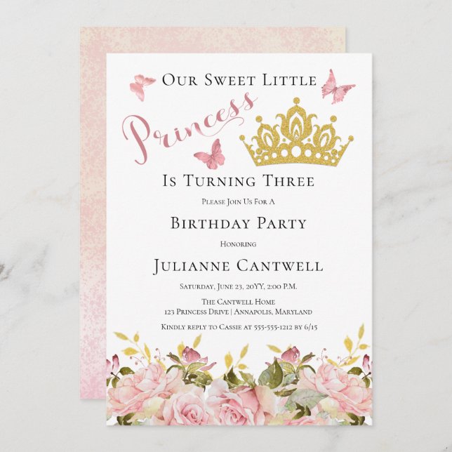 Invitación Corona | Mariposas Princesa Floral Tercer cumpleañ (Anverso / Reverso)
