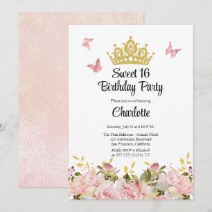 Invitación Corona Mariposas Rosa Floral Cumpleaños Dulces 1