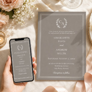 Invitación Corona monograma simple boda marfil taupe 