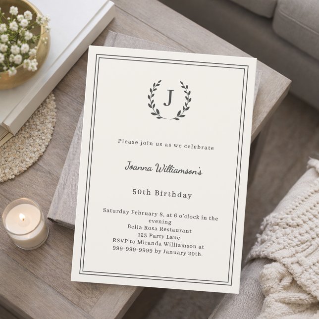 Invitación Corona monogramada de carbón de marfil cumpleaños (Subido por el creador)