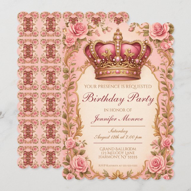 Invitación Corona ornamentada para fiesta de cumpleaños de pr (Anverso / Reverso)