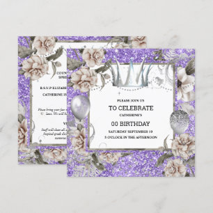 Invitación Corona plateada chic purpurina floral púrpura