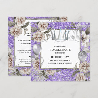 Invitación Corona plateada chic purpurina floral púrpura